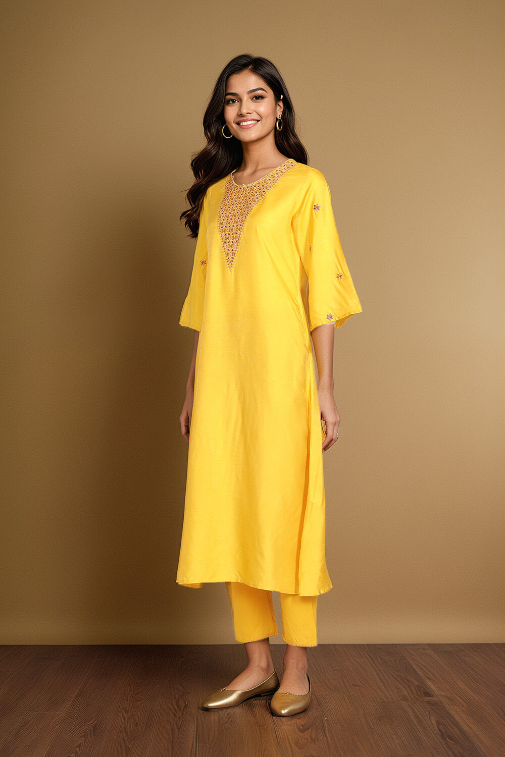Yellow Embroidery Viscose Cotton Kurta Set image number null