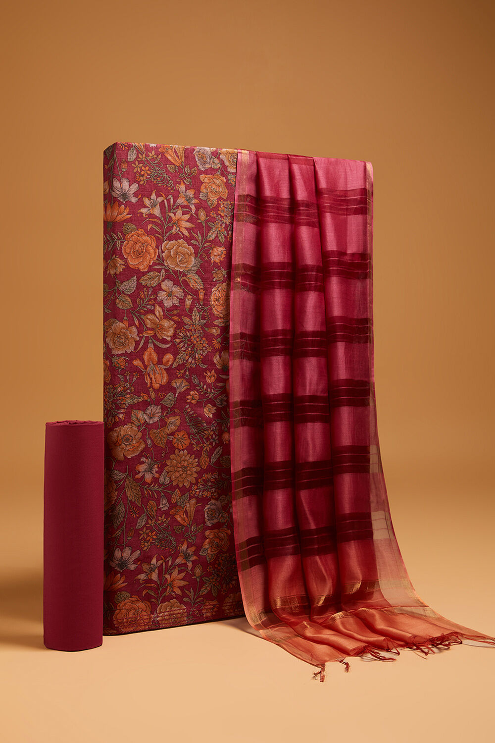 Red Screen Printed Pure Tussar Silk Unstitched Suit Set image number null