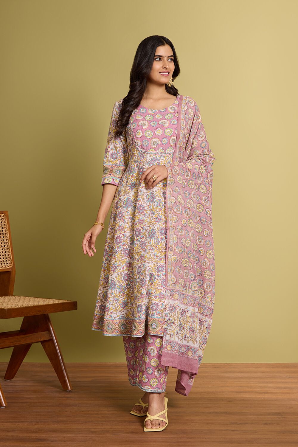 Yellow Pure Cotton Printed Sanganeri Kurta Set image number null
