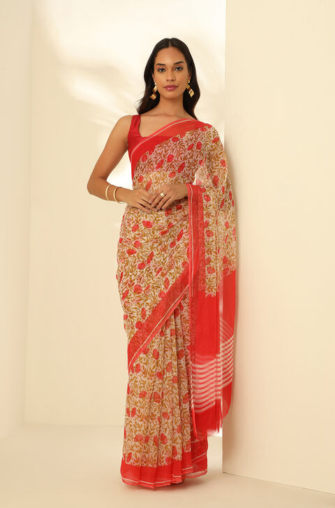 Off White Viscose Chiffon Printed Saree