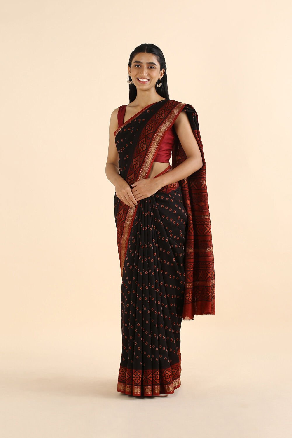 Black Pure Silk Cotton Bagru Printed Saree image number null