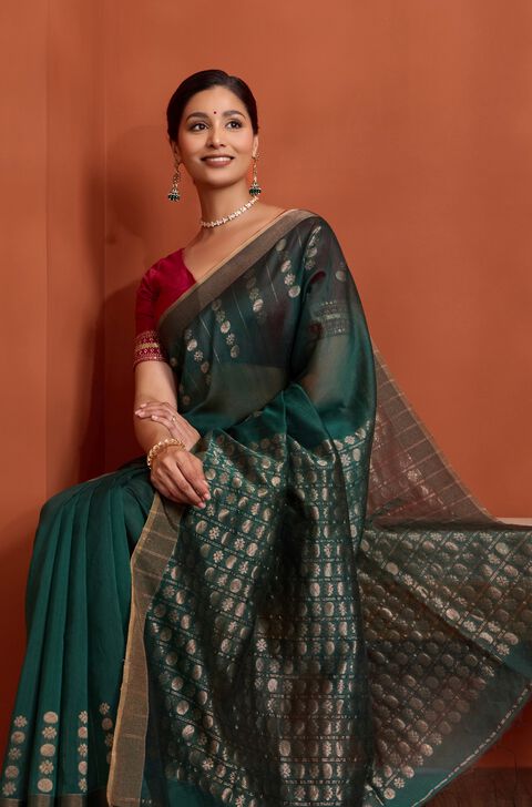 Dark Green Woven Pure Silk Cotton Bengal Saree