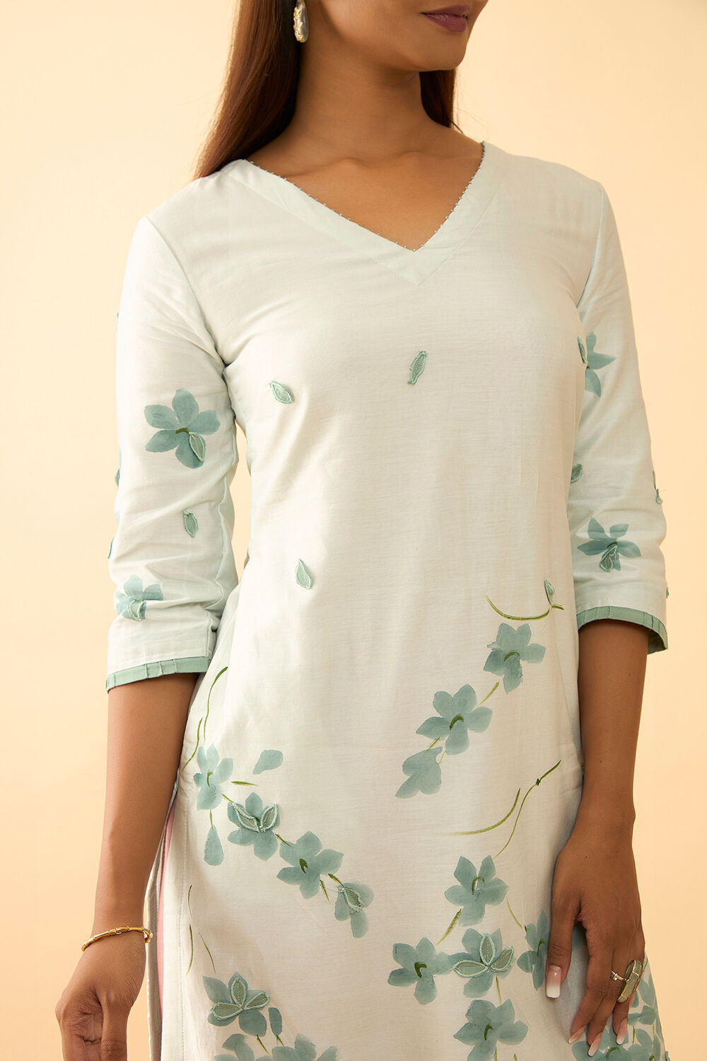 Light Blue Pure Silk Cotton Hand Painted Kurta image number null