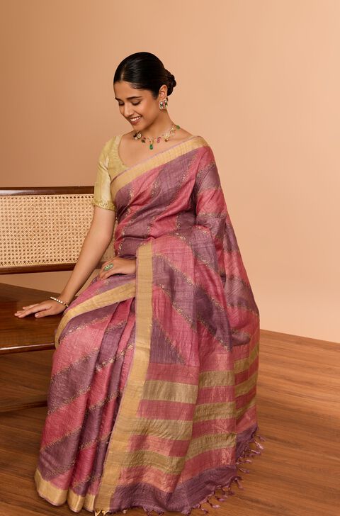 Purple  Pure Tussar Silk Embroidered Saree