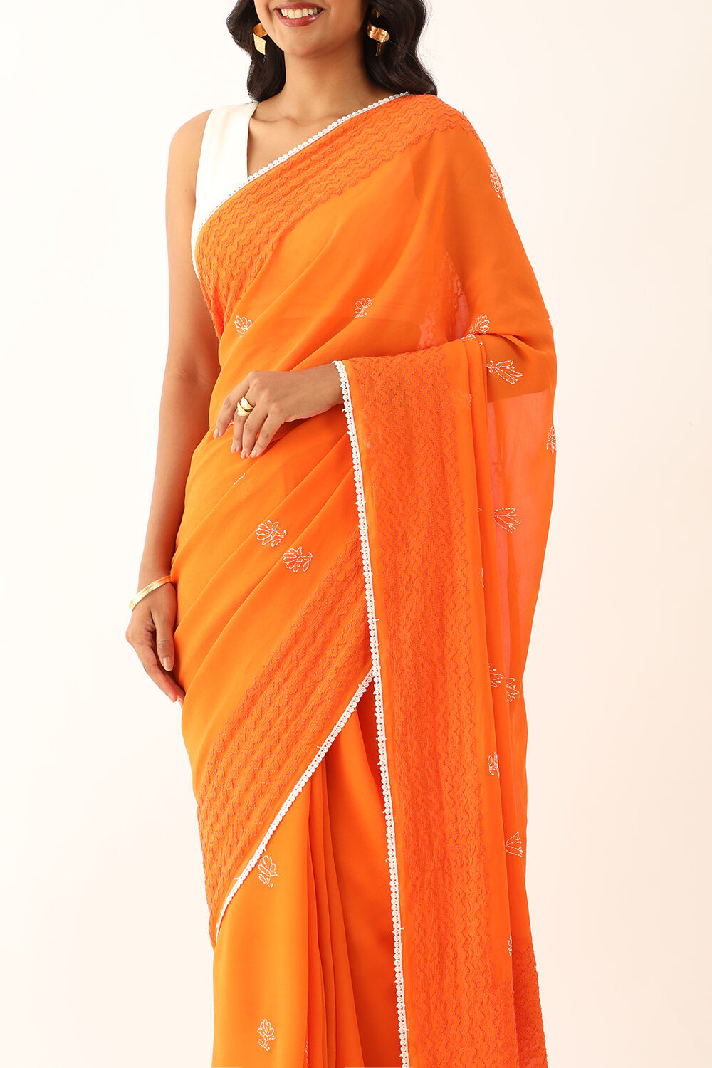 Orange Pure Silk Georgette Lucknow Chikankari Saree image number null
