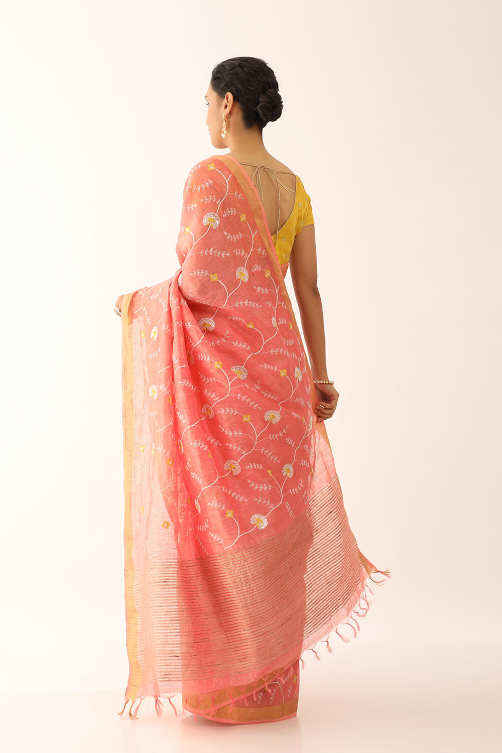 Orange Pure Silk Linen Embroidery Saree image number null