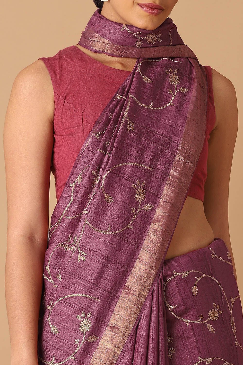 Dark Pure Pink Tussar Embroidered Saree image number null
