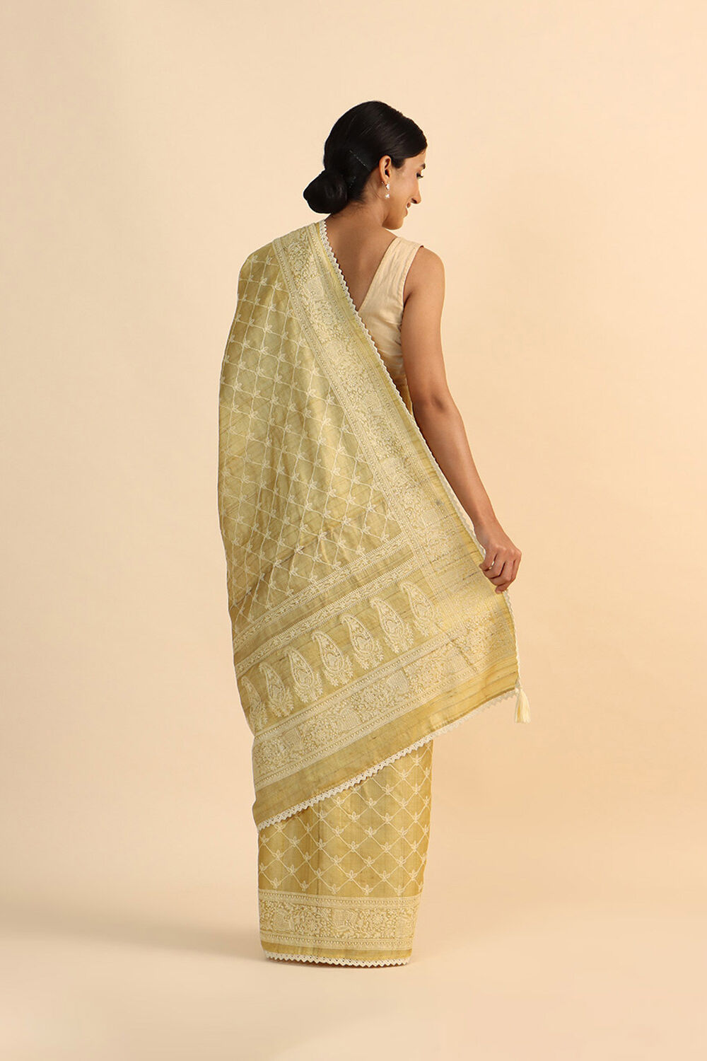 Yellow Pure Tussar Embroidered Saree image number null