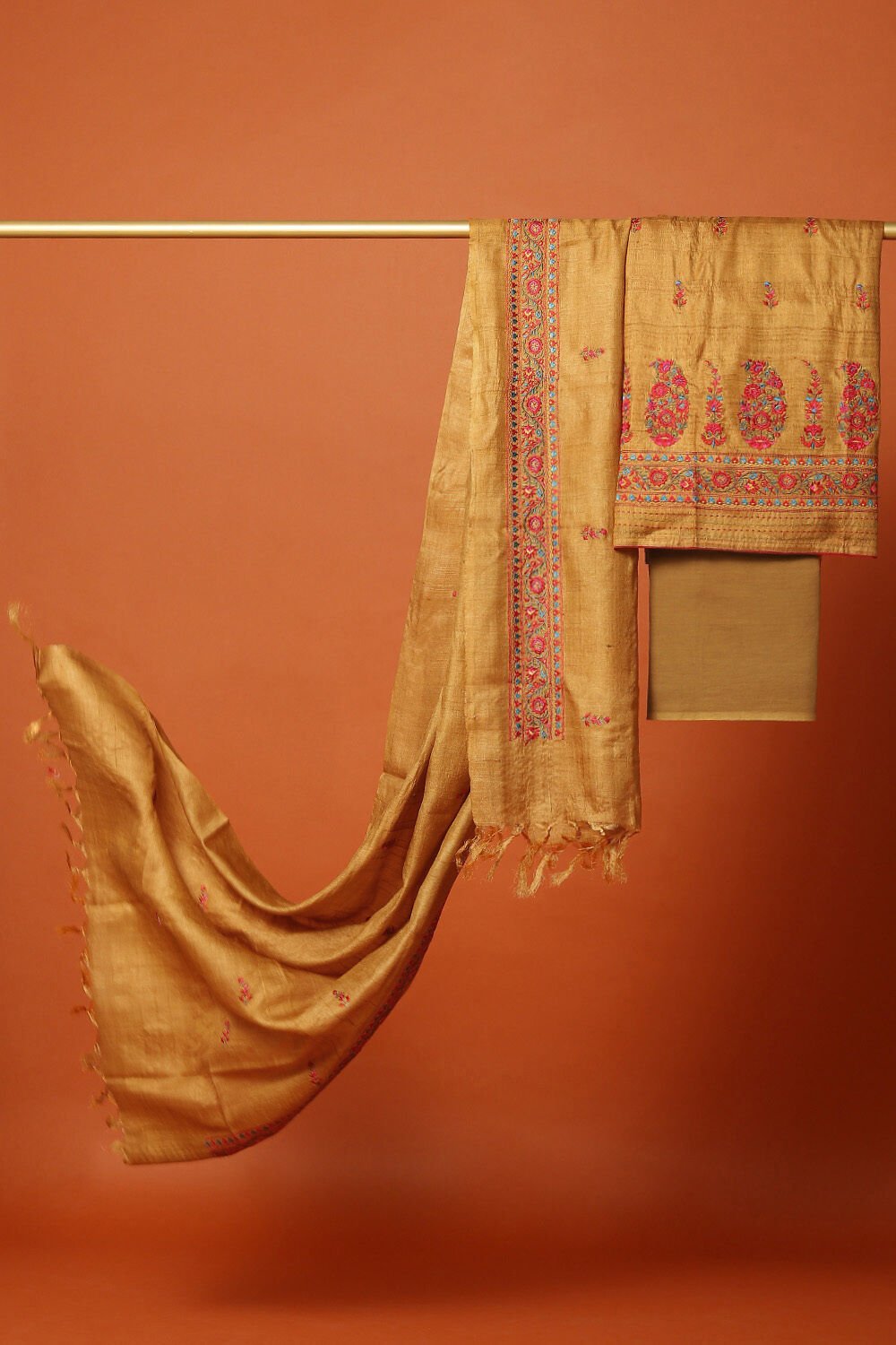 Light Orange Tussar Embroidered Unstitched Suit Set image number null