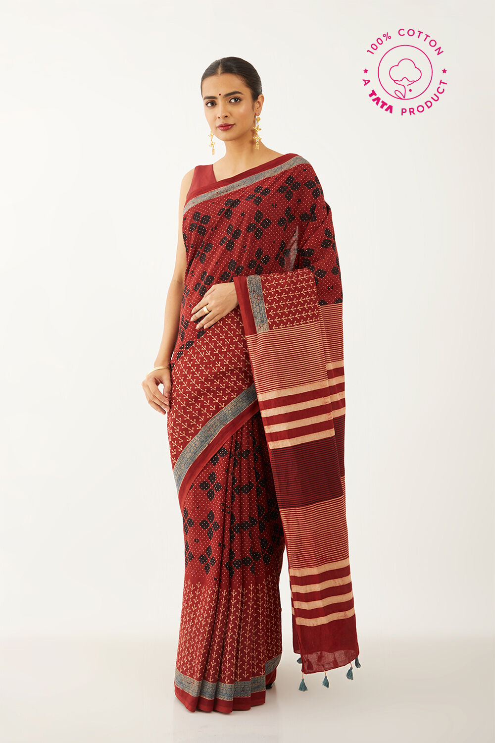 Red Pure Cotton Ajrakh Block Print Saree image number null