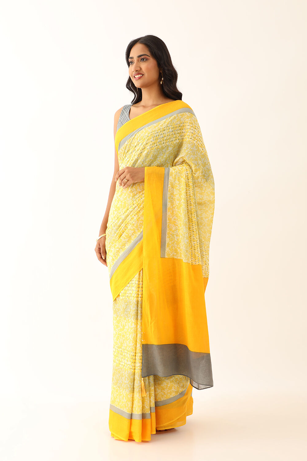 Yellow Pure Cotton Mulmul Printed Saree image number null
