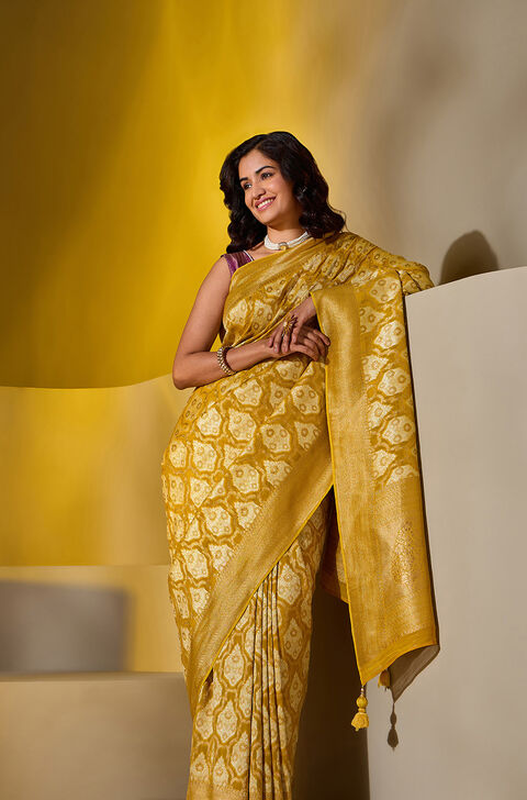 Yellow Woven Viscose Georgette Saree