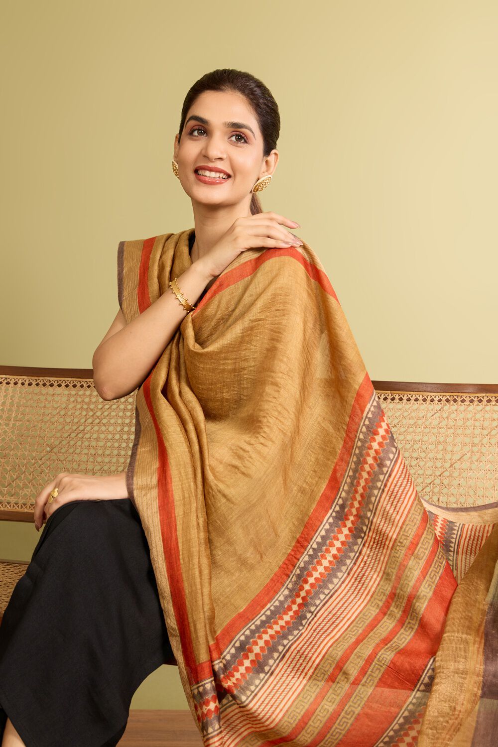 Dark Yellow Block Printed Silk Muga Dupatta image number null
