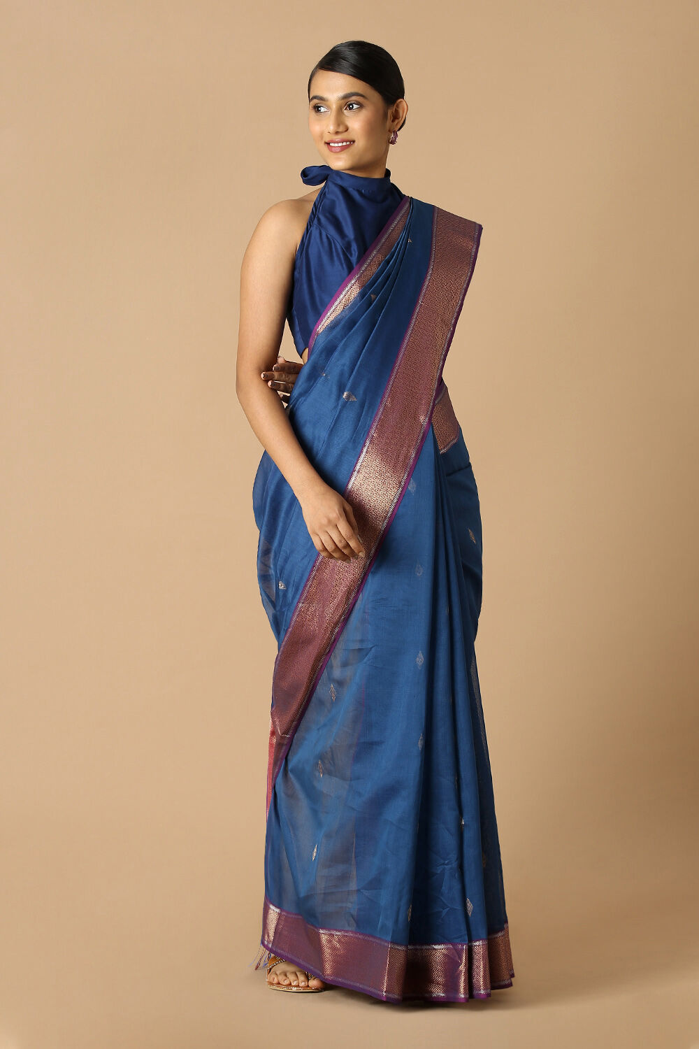 Dark Blue Pure Silk Cotton Maheswari Saree image number null