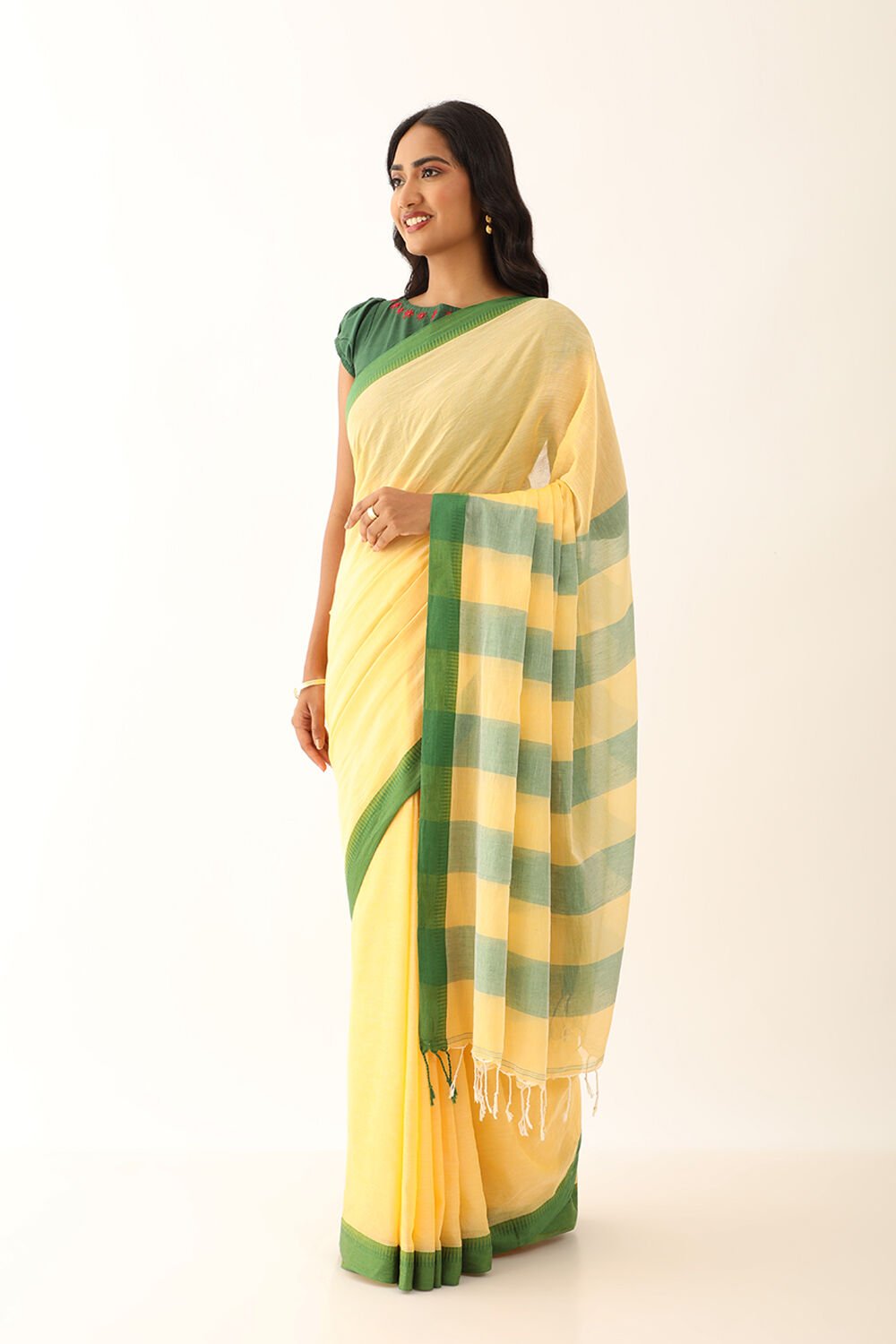 Light Yellow Pure Cotton Woven Bengali Saree image number null
