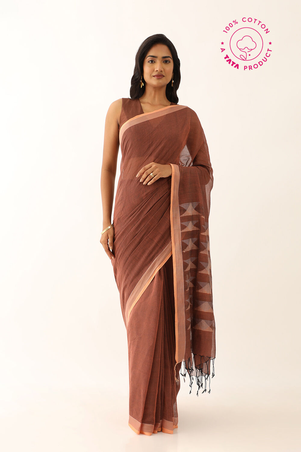 Light Orange Pure Cotton Woven Bengali Saree image number null