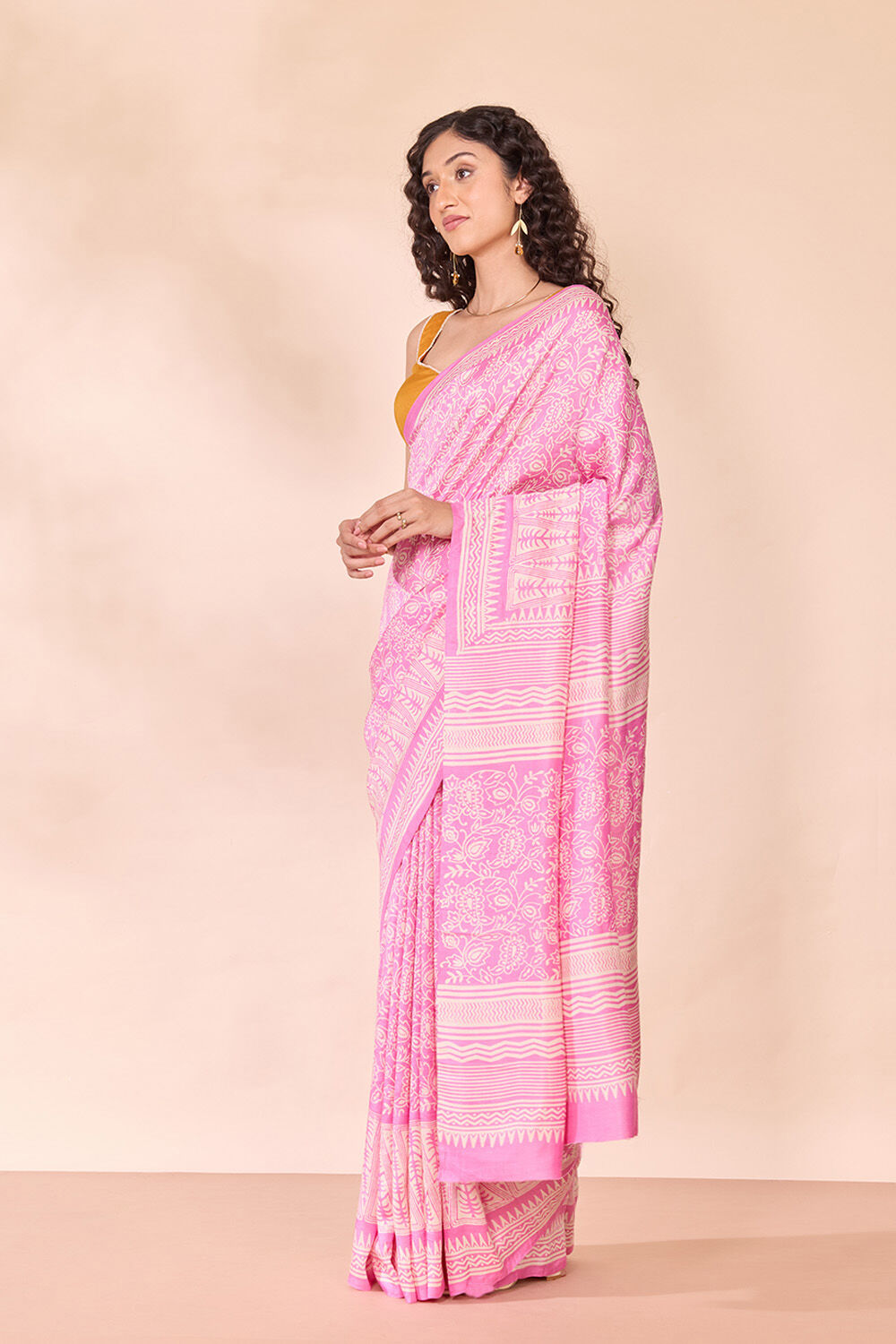 Pink Murshidabad Block Printed Pure Silk Saree image number null
