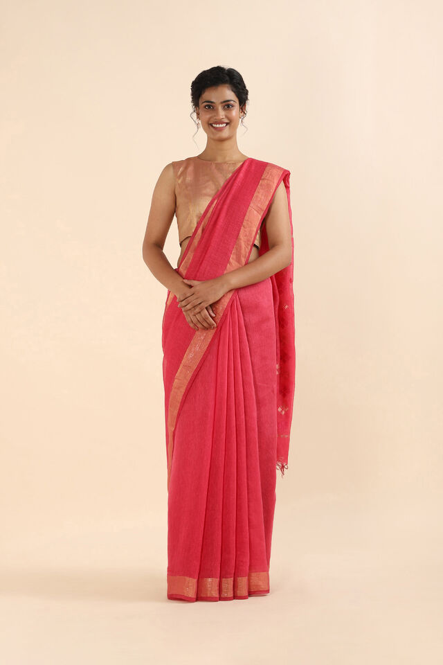 Pink Pure Silk Linen Bhagalpuri Saree