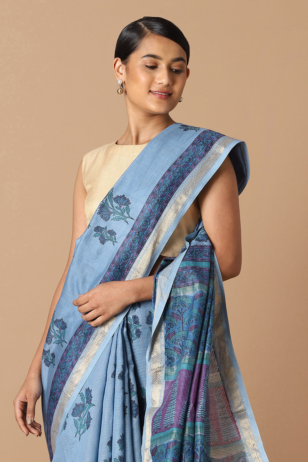 Blue Pure Silk Cotton Sanganeri Printed Saree image number null