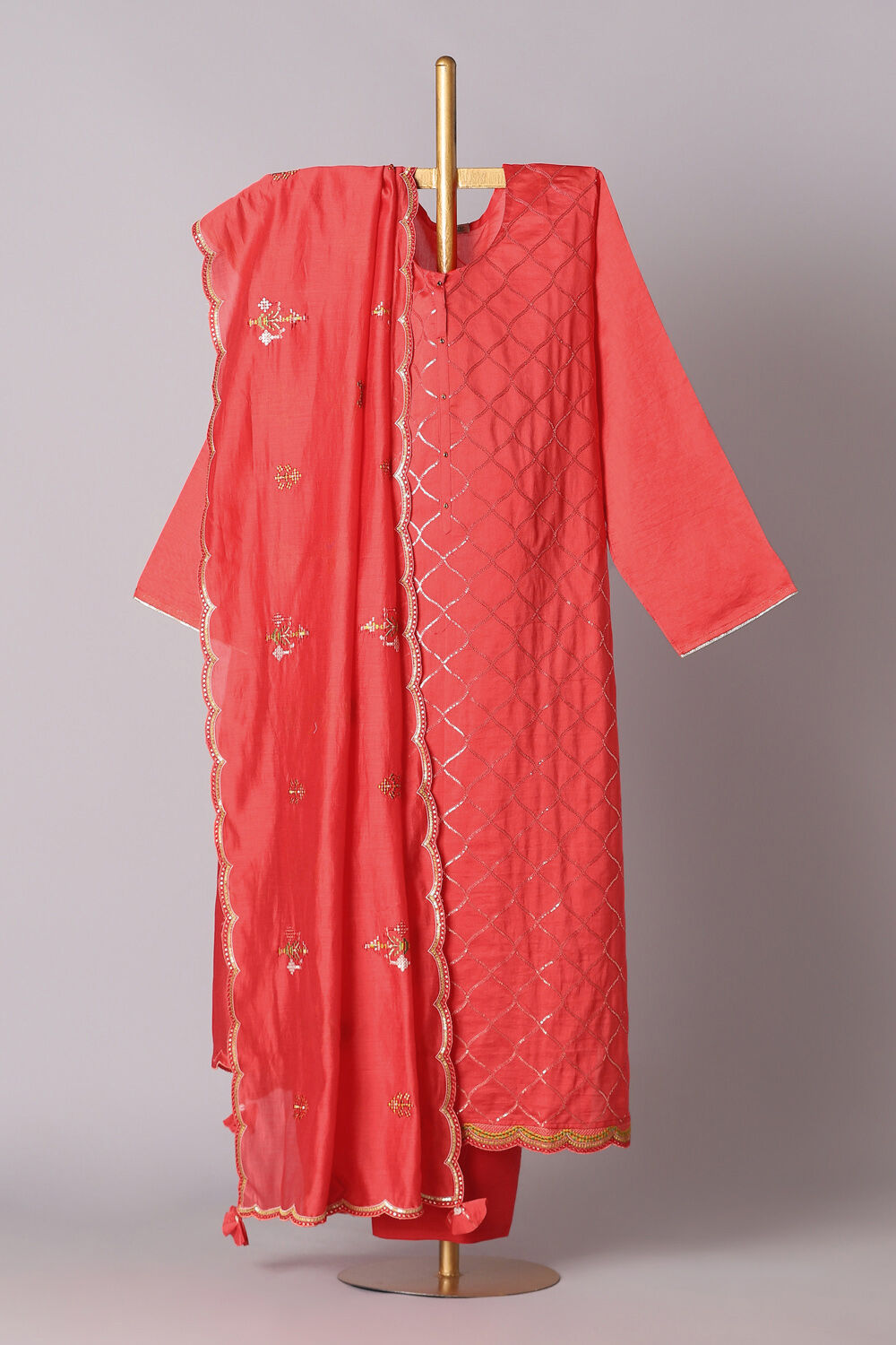 Red Silk Cotton Embroidered Semistitched Suit Set image number null