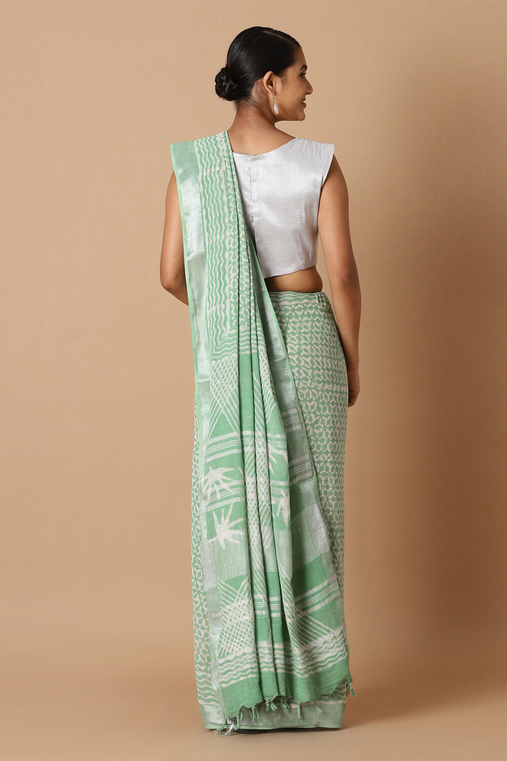 Light Green Pure Cotton Linen Bagru Printed Saree image number null