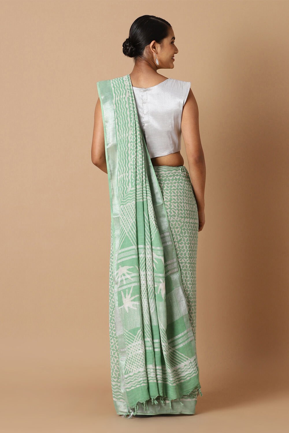 Light Green Pure Cotton Linen Bagru Printed Saree image number null