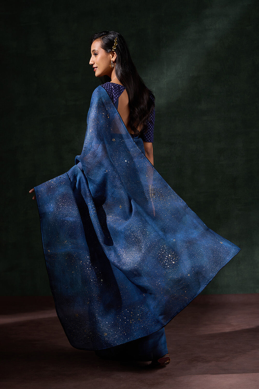 Dark Blue Pure Silk Organza Embroidered Saree image number null