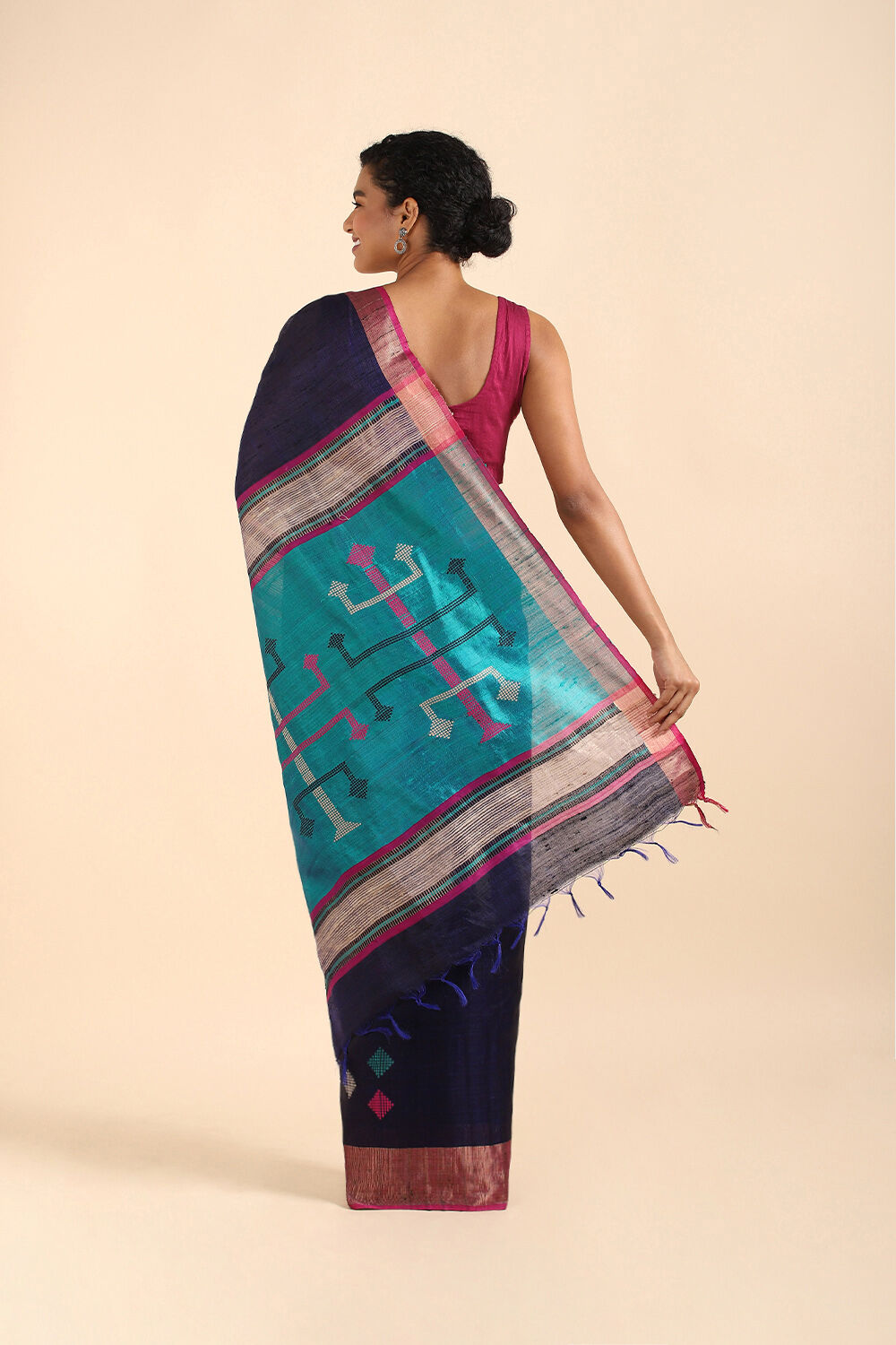Dark Blue Pure Tussar Silk Bhagalpuri Saree image number null