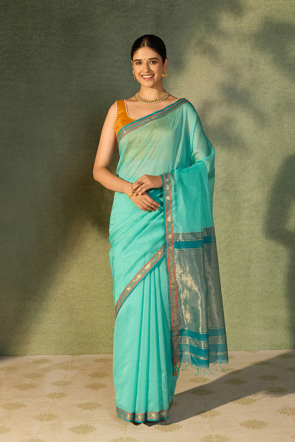 Light Blue Woven Pure Silk Cotton Maheshwari Saree image number null