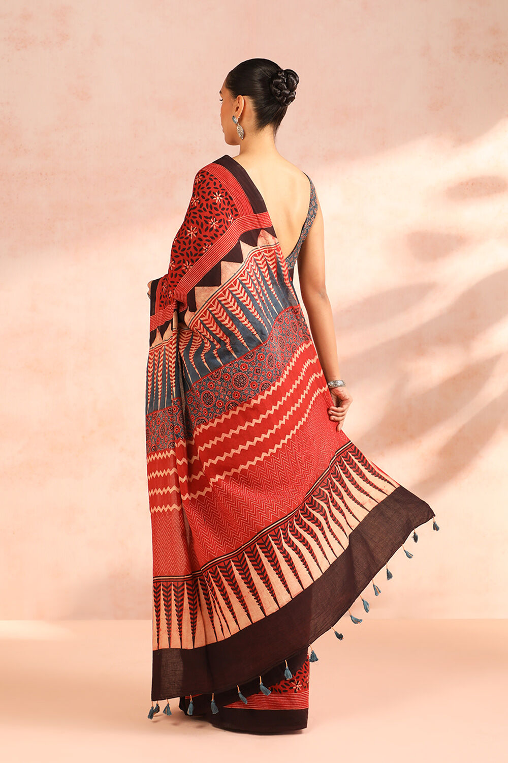 Red Gujarat Pure Cotton Ajrakh Block Print Saree image number null