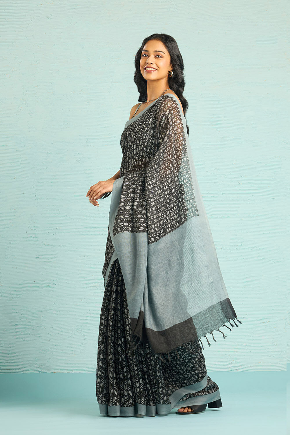 Black Screen Printed Pure Linen Saree image number null