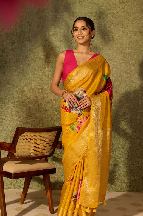 Yellow Pure Viscose Printed Saree