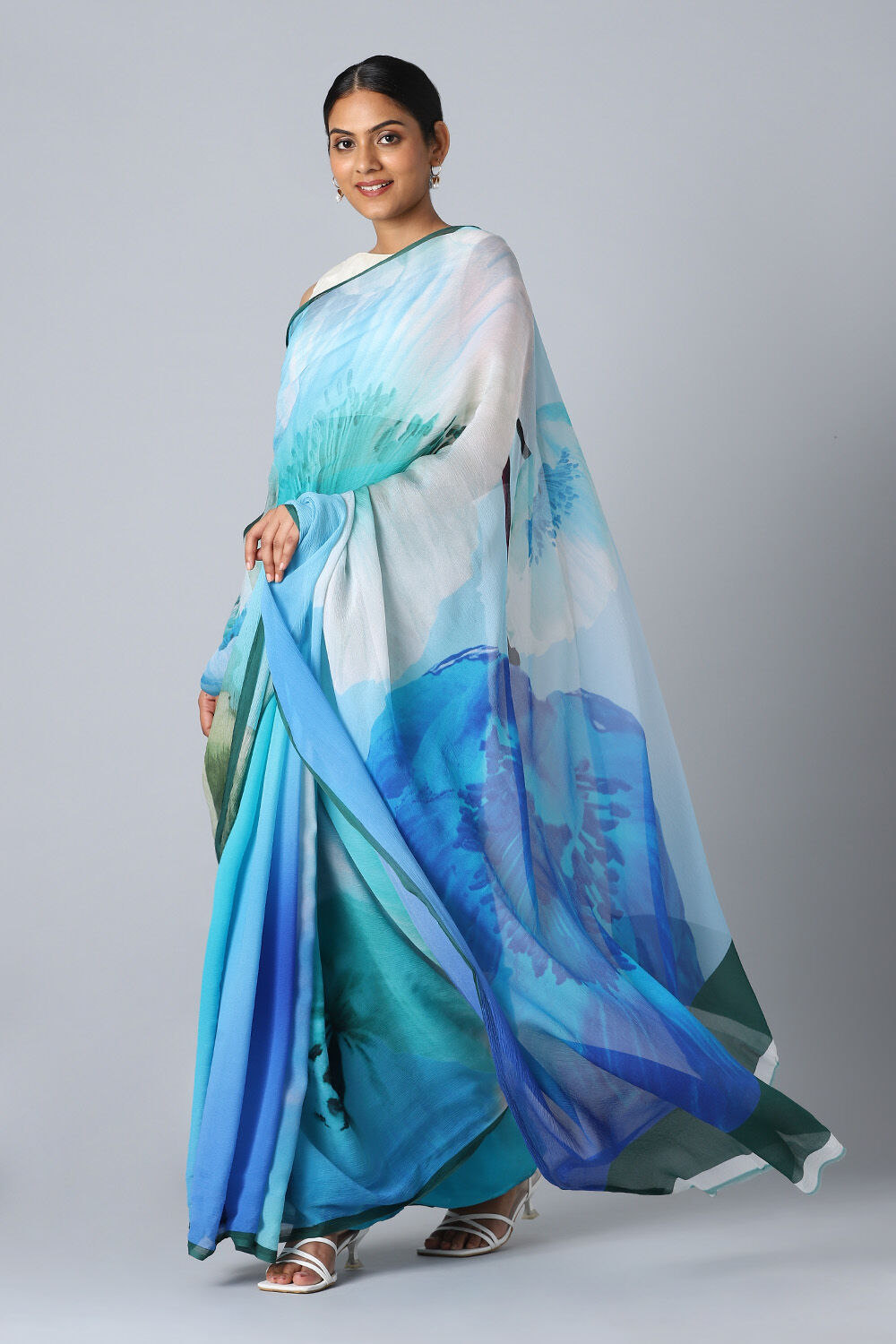 Blue Pure Chiffon Digital Printed Saree image number null