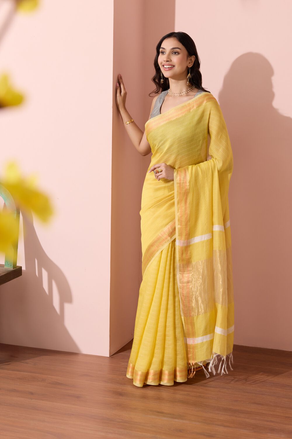 Yellow Bhagalpur Woven Silk Viscose Saree image number null