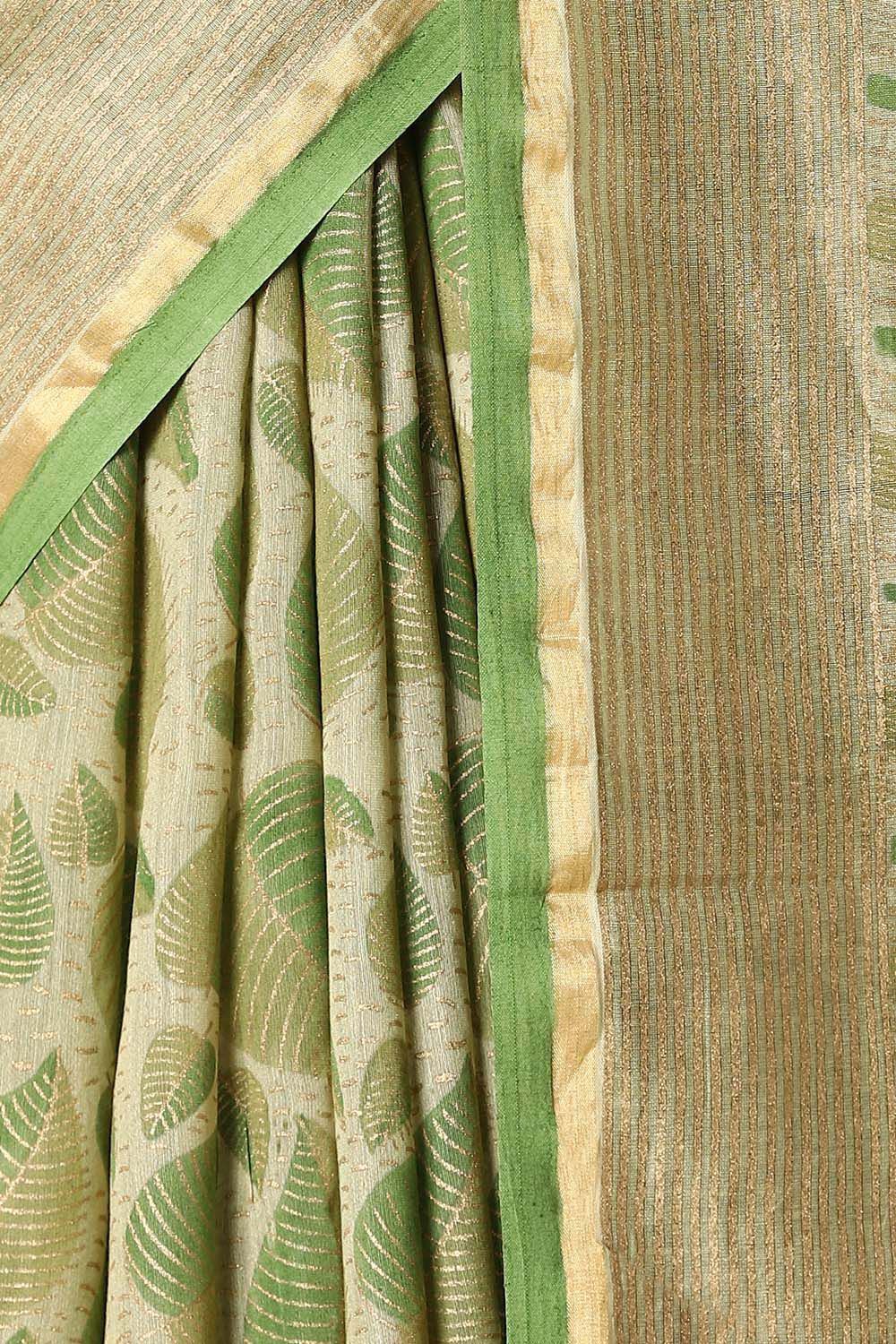 Beige and Green Pure Silk Cotton Hand Printed Saree image number null