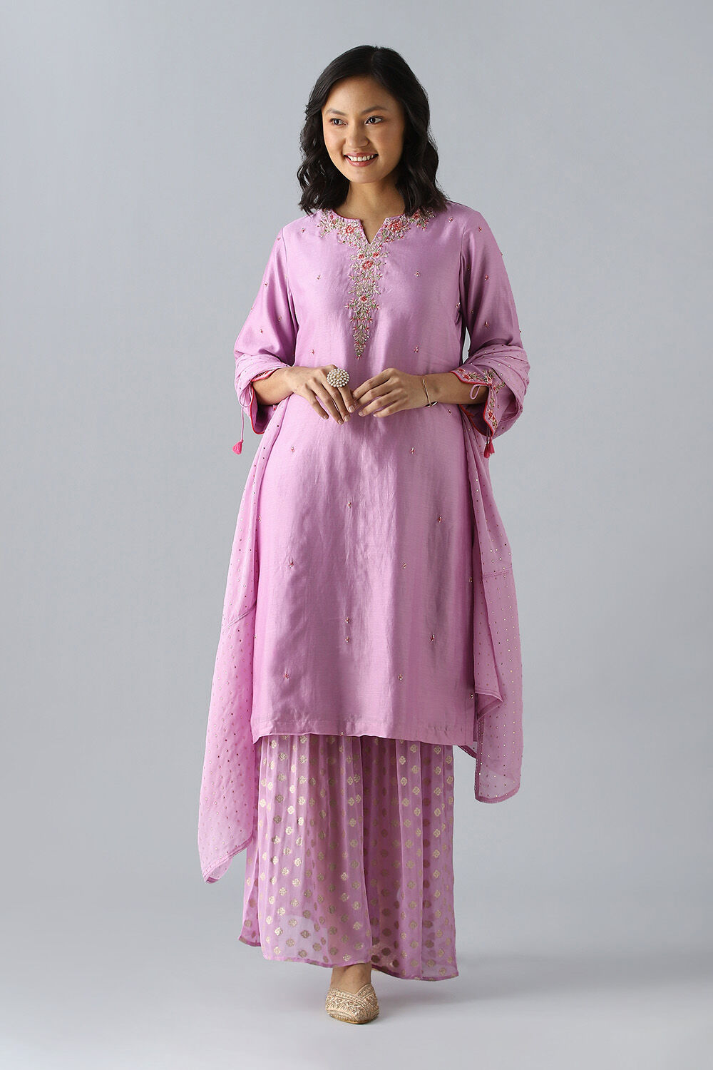 Light Violet Embroidered Silk Cotton Kurta Set image number null