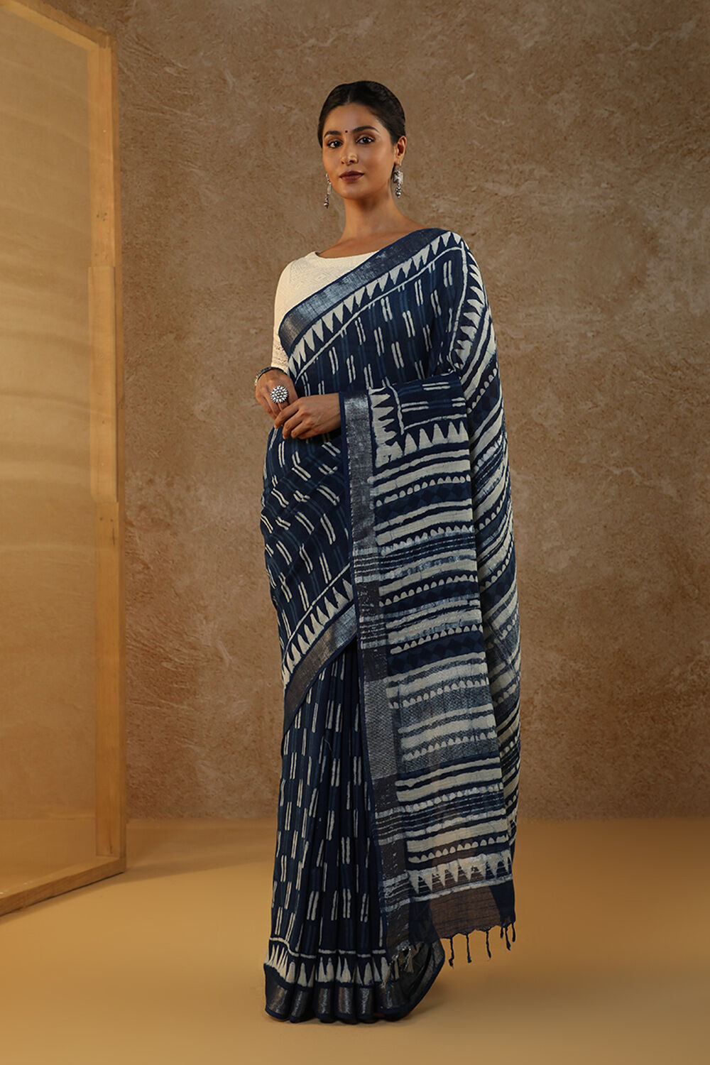 Blue Block Printed Pure Cotton Linen Saree image number null