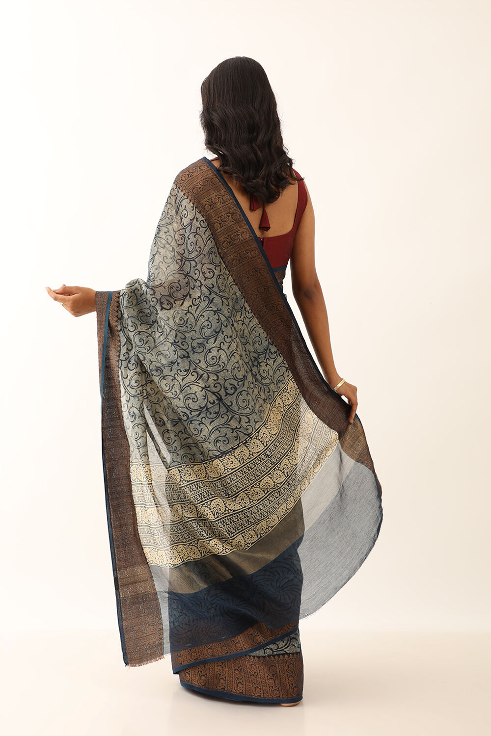 Navy Rajasthan Block Printed Pure Silk Cotton Saree image number null