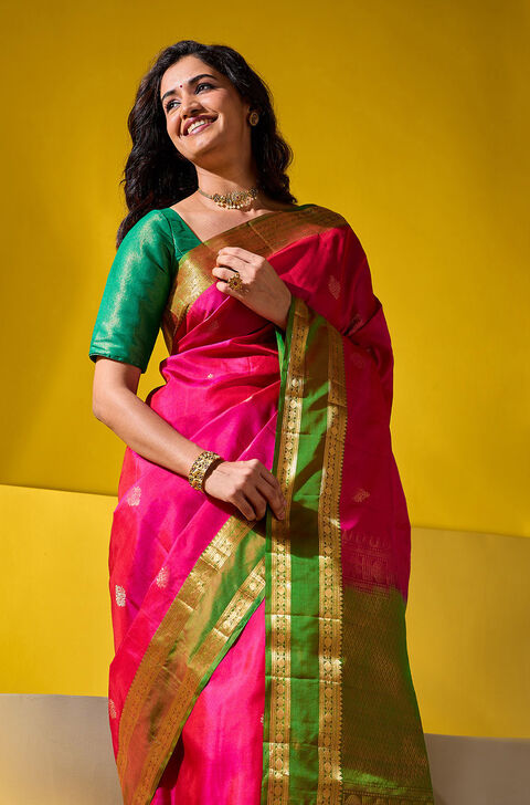 Dark Pink Woven Pure Soft Silk Saree