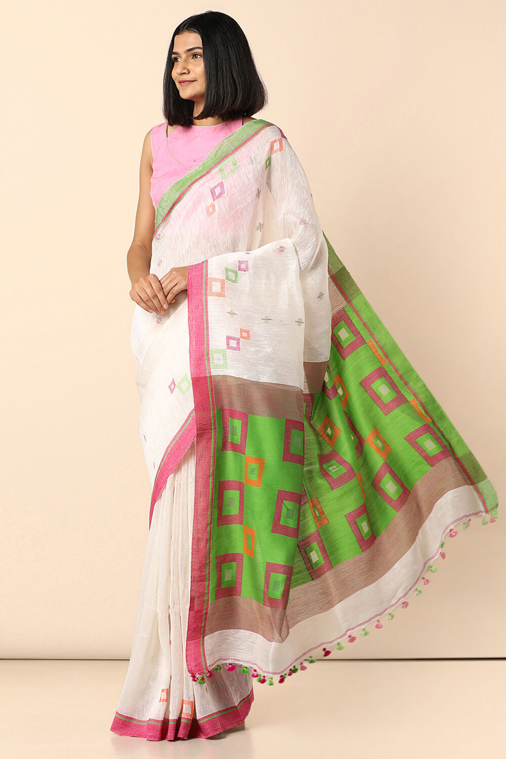 Off White Handwoven Jamdani Pure Silk Linen Saree image number null