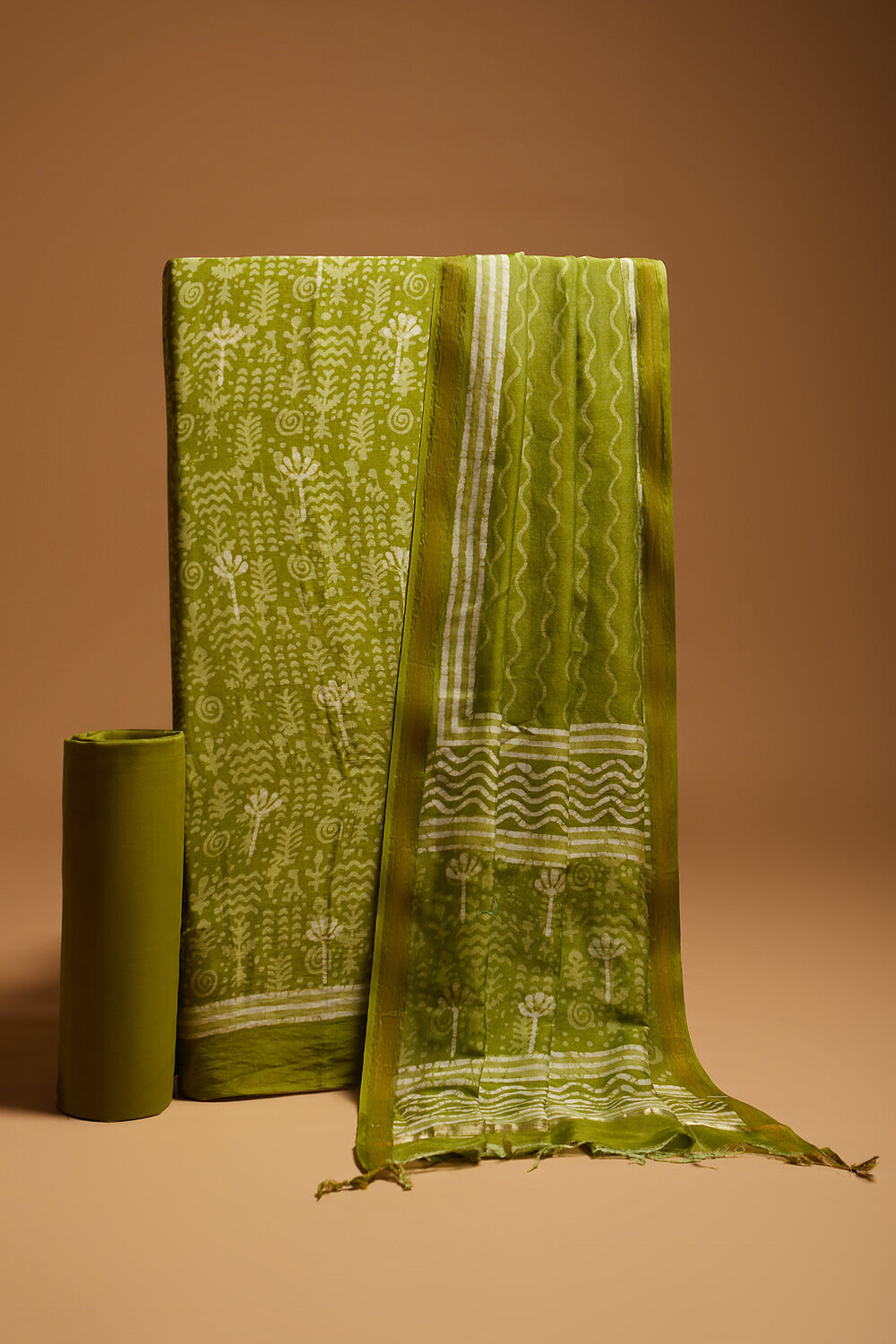 Light Green Block Printed Pure Silk Cotton Unstitched Suit Set image number null