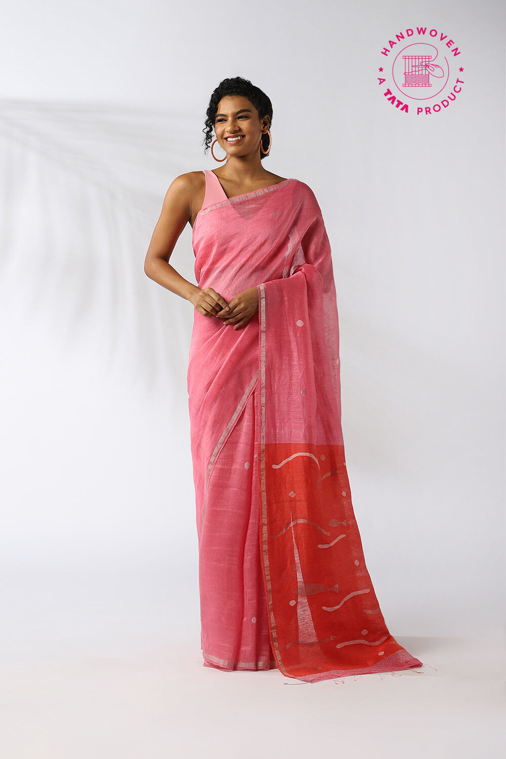 Light Pink Pure Silk Linen Jamdani Saree image number null