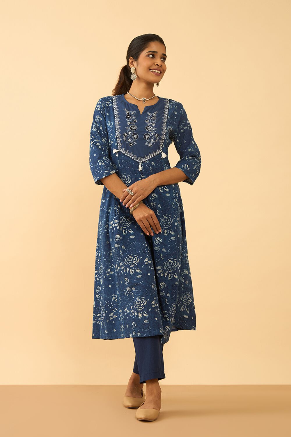 Blue Pure Cotton Printed Embroidered Kurta image number null