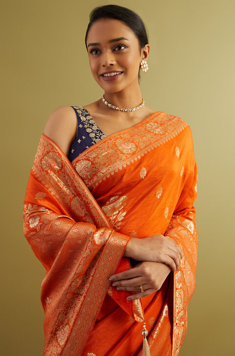 Orange Woven Viscose Luxe Saree