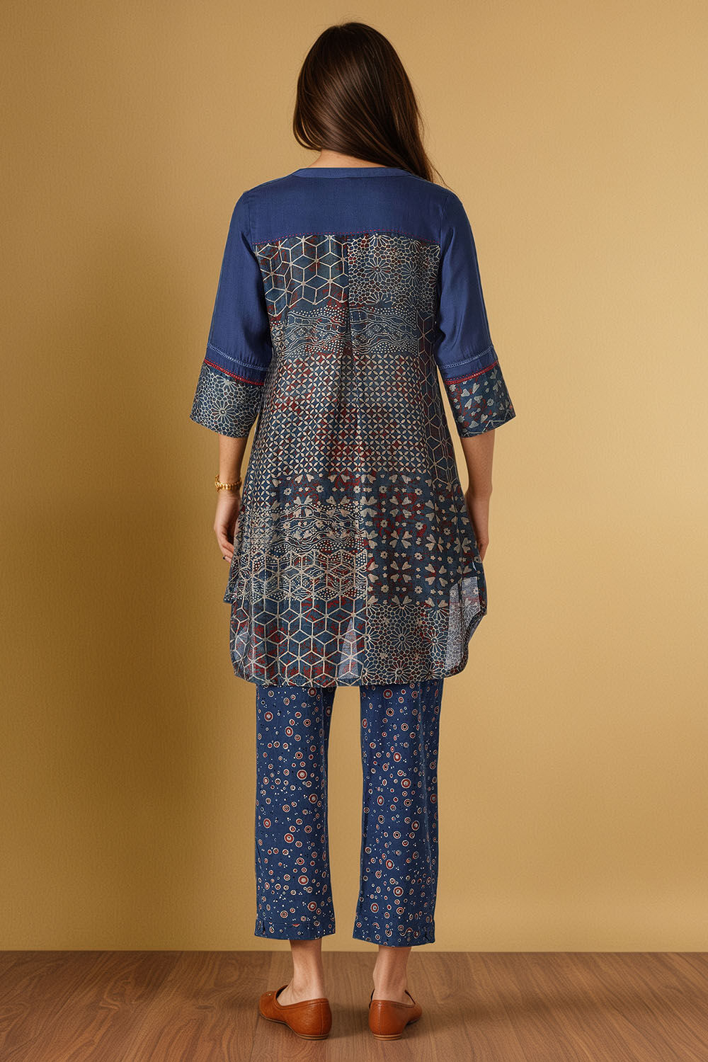 Blue Pure Silk Cotton Ajrakh Short Top image number null