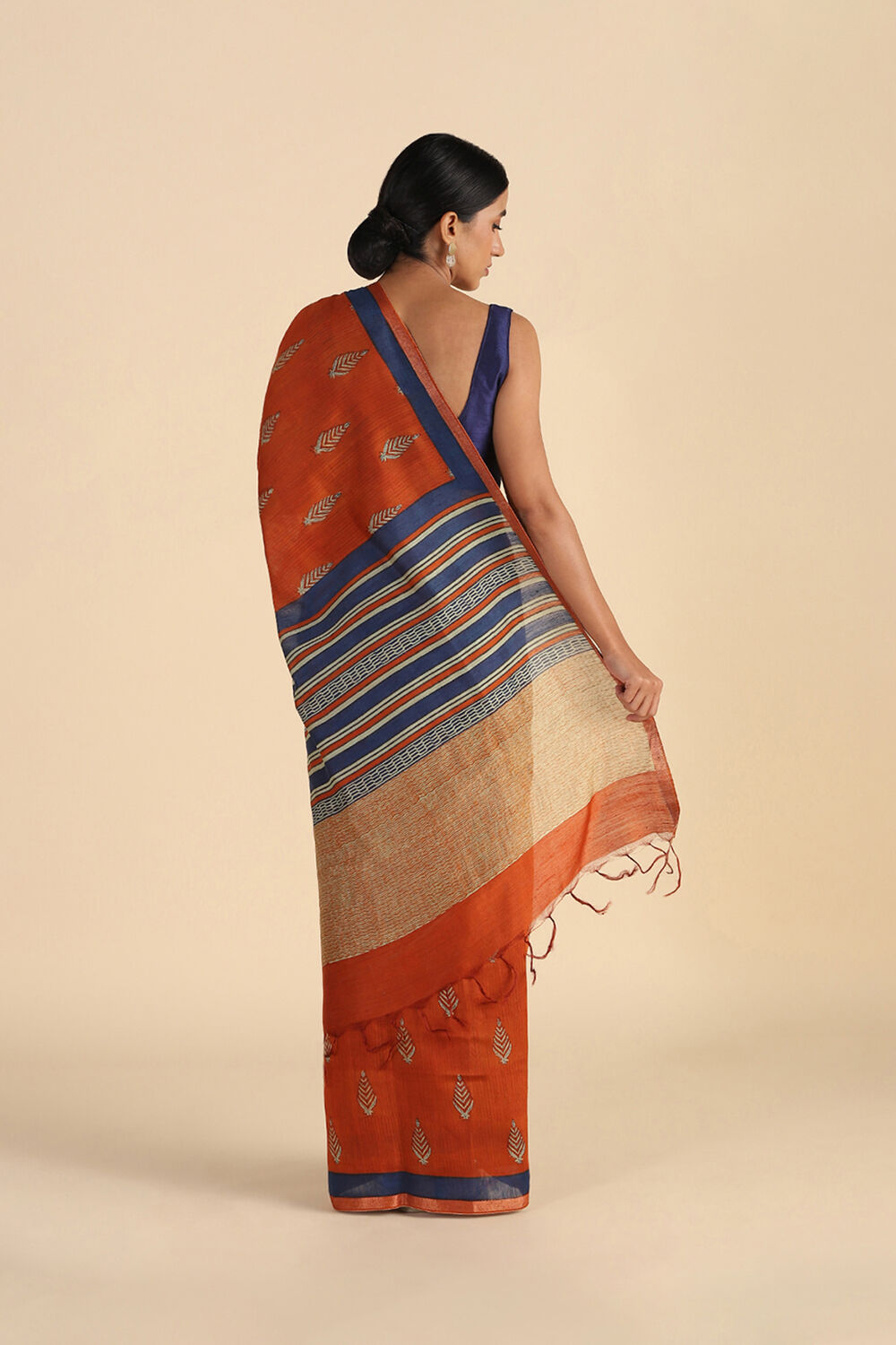 Orange Hand Blockprinted Pure Tussar Vanya Saree image number null