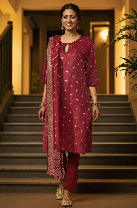 Dark Red Viscose Woven Kurta Set