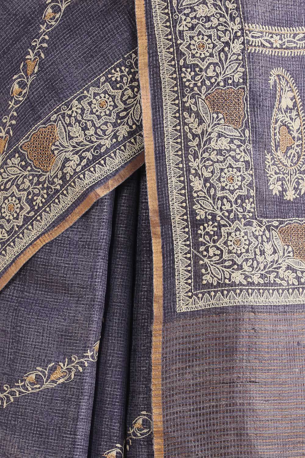 Purple Pure Tussar Embroidered Saree image number null