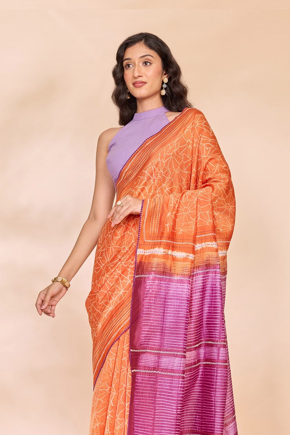 Orange Pure Silk Cotton Tie and Dye Shibori Saree image number null