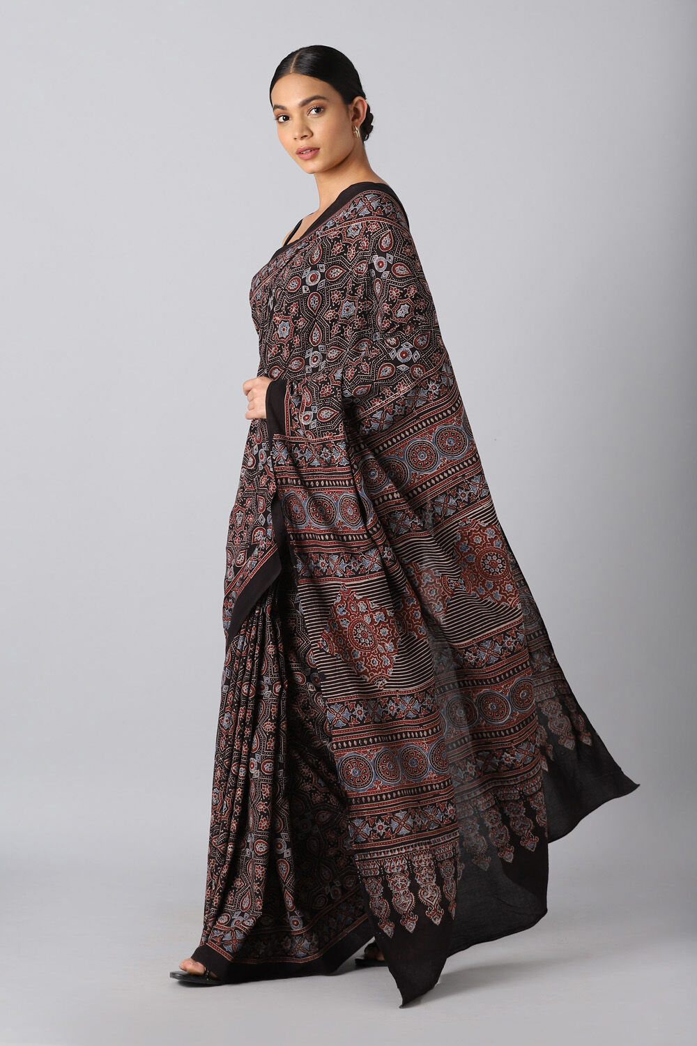 Black Pure Cotton Ajrakh Printed Saree image number null